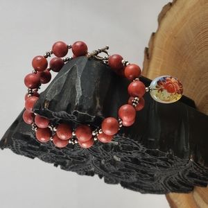 KGO Double Strand Coral & Sterling w/ Sea Opal Painted Weight Drop Bracelet
